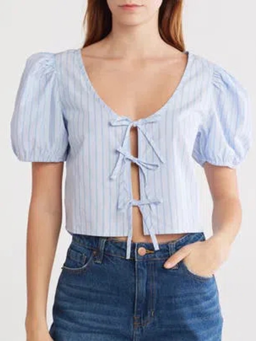 Abound Tie Front Cotton Poplin Crop Top In Blue Feather